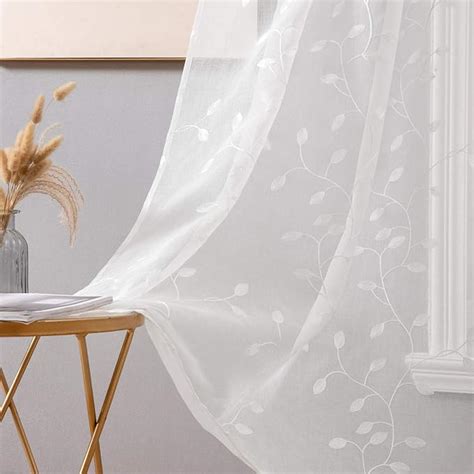 Miulee White Sheer Curtains With Embroidered Leaf Pattern For Living