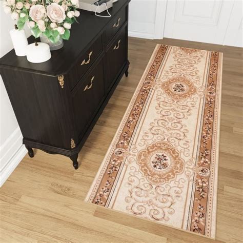 TAPISO Tapis Couloir Salon Chambre ATLAS Crème Beige Marron Ornemental