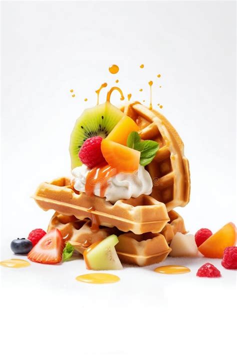 Waffle With Caramel Ice Cream And Fresh Fruits Generative Ai Stock