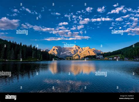 Lake And Town Misurina Lago Di Misurina With The Mountain Punta