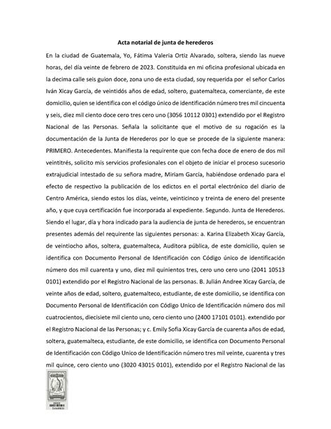 Acta Notarial De Junta De Herederos Constituida En Mi Oficina