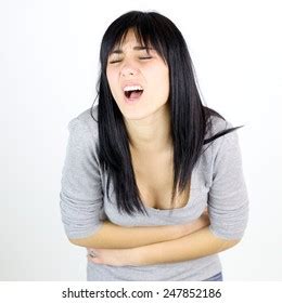 Woman Feeling Strong Stomach Pain Isolated Stock Photo 247852186