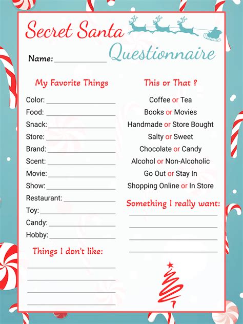 Free Printable Secret Santa Questionnaire In PDF And PNG Format