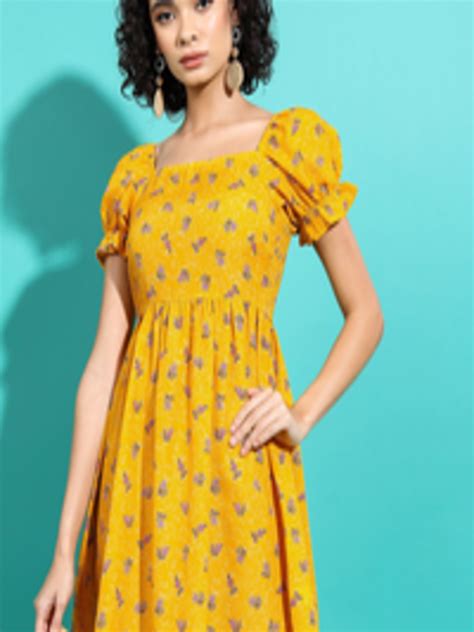 Buy Vishudh Mustard Yellow Floral Printed Square Neck Puff Sleeves