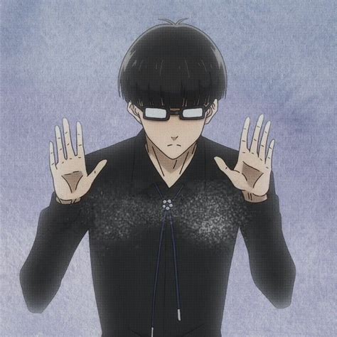 An Anime Character With His Hands Up In Front Of Him Wearing Glasses