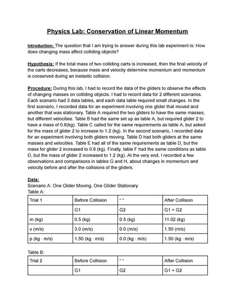 Physics Lab Conservation Of Linear Momentum Physics Lab Conservation