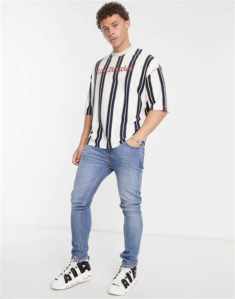 Asos Design Oversized Stripe T Shirt In White And Navy With La Text Prin