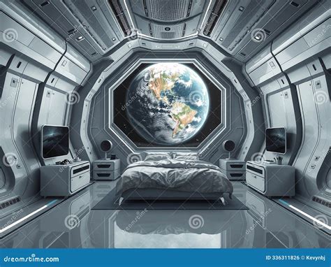 Futuristic Science Fiction Bedroom Interior With Planet Earth View In