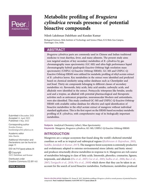 PDF Metabolite Profiling Of Bruguiera Cylindrica Reveals Presence Of