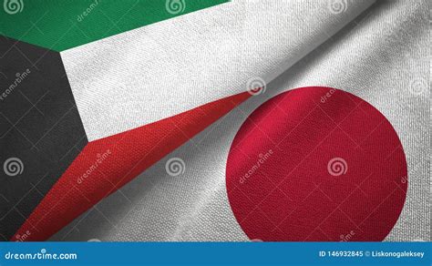 Kuwait And Japan Two Flags Textile Cloth Fabric Texture Stock