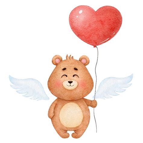 Ange Mignon D Ours Aquarelle Avec Coeur De Ballon Illustration Pour La