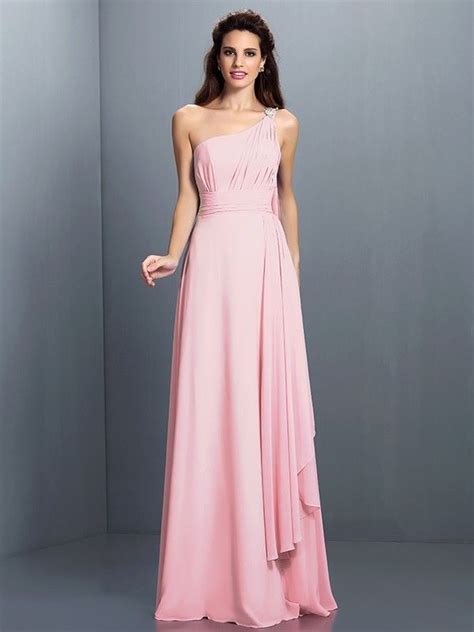 A Line Princess One Shoulder Pleats Sleeveless Long Chiffon Bridesmaid