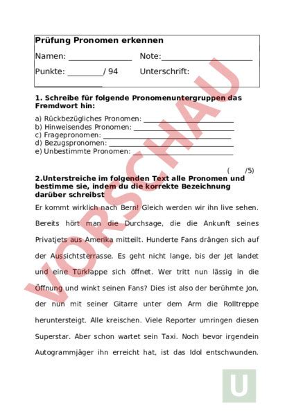 Arbeitsblatt: Pronomen-Prüfung - Deutsch - Grammatik
