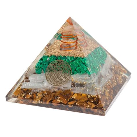 Pyramide Orgonite Malachite Sélénite Oeil de Tigre Fleur de Vie