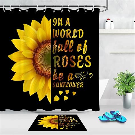 Sunflower Inspirational Quotes Shower Curtain Vibrant Yellow And Black