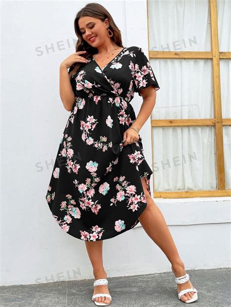 Shein Vcay Plus Size Women V Neck Waist Fit Floral Printed Flare Sleeve