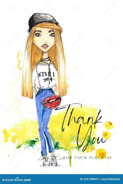 Thank You For Your Purchase Card With Watercolor Woman Fashion