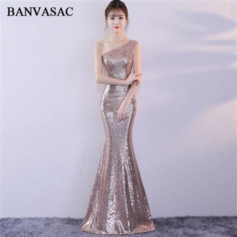 Banvasac One Shoulder Sequined Sleeveless Mermaid Long Evening Dresses