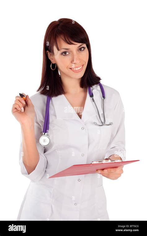 Young Cheerful Female Doctor With Clipboard And Stethoscope Ready For