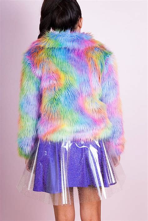 Rainbow Tiedye Shaggy Faux Fur Jacket Etsy Fur Jacket Faux Fur