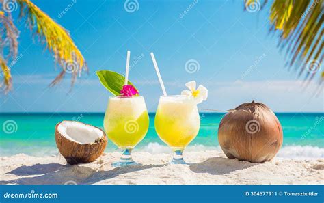 Cocktails And Coconuts On Tropical Beach With Palm Trees And Turquoise