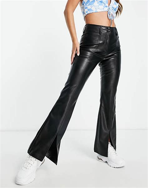 Topshop Faux Leather Flared Trouser With Front Split Hem In Black Asos