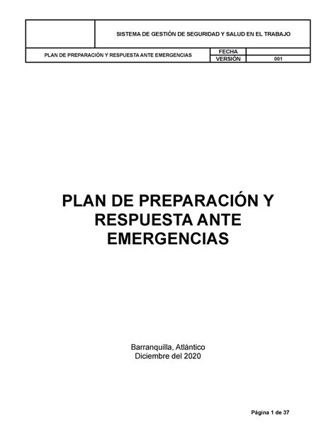 Plantilla Plan De Preparacion De Respuesta Ante Emergencias SISTEMA