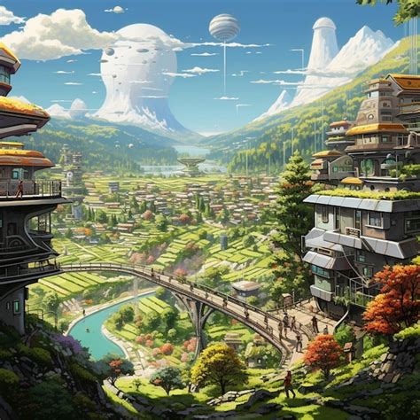 Premium AI Image Anime Scenery Of A City With A Bridge And A Mountain