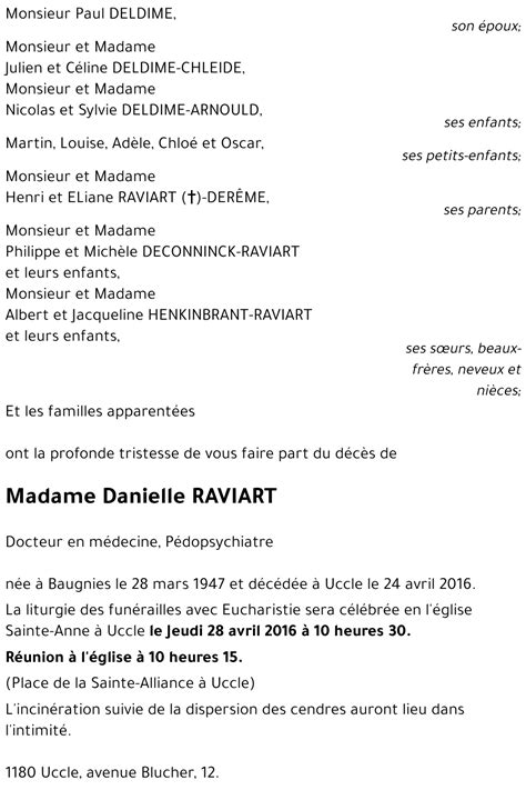 Avis De Décès De Danielle Raviart Décédé Le 24042016 à Ukkel