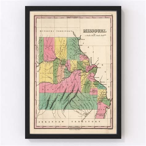 Missouri Map 1824 Old Map Of Missouri Art Vintage Print Framed Wall Art Canvas Portrait Mo