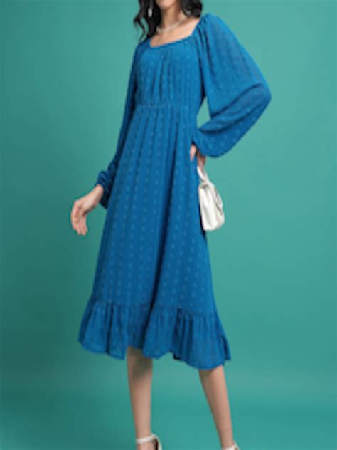 Buy Tokyo Talkies Blue Self Design A Line Midi Dress Dresses For