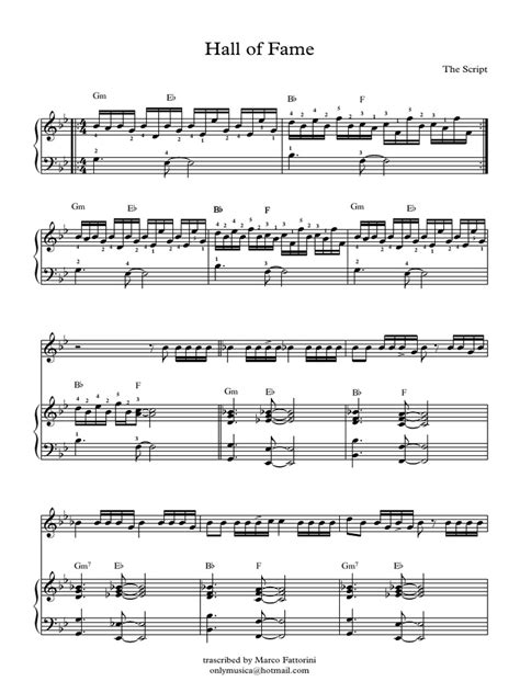 (Piano Sheet Music) the Script - Hall of Fame (Transcribed by Marco Fattorini) | Loisirs