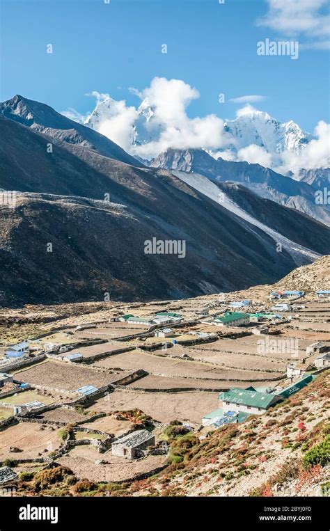 Nepal Island Peak Trek Looking Across Walled Field Enclosures Towards