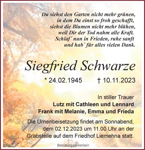 Traueranzeigen Von Siegfried Schwarze Trauer Anzeigen De