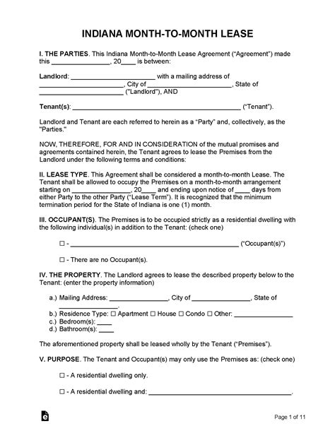 Free Indiana Month To Month Rental Agreement Pdf Word Rtf