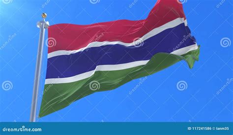 Flag Of Gambia Waving At Wind In Slow In Blue Sky Loop Stock Footage