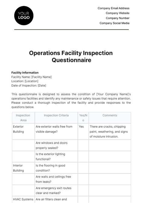 Free Operations Facility Inspection Questionnaire Template Edit