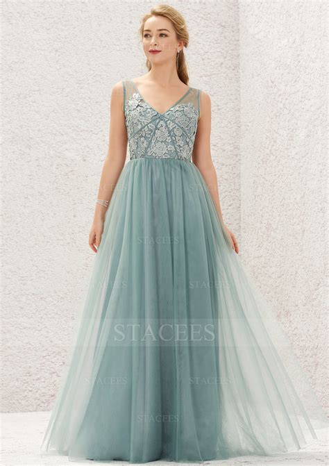 A Line V Neck Sleeveless Long Floor Length Tulle Satin Bridesmaid Dress