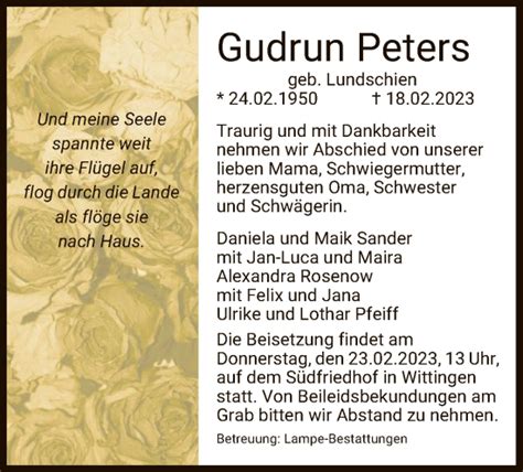 Traueranzeigen Von Gudrun Peters Az Trauer De