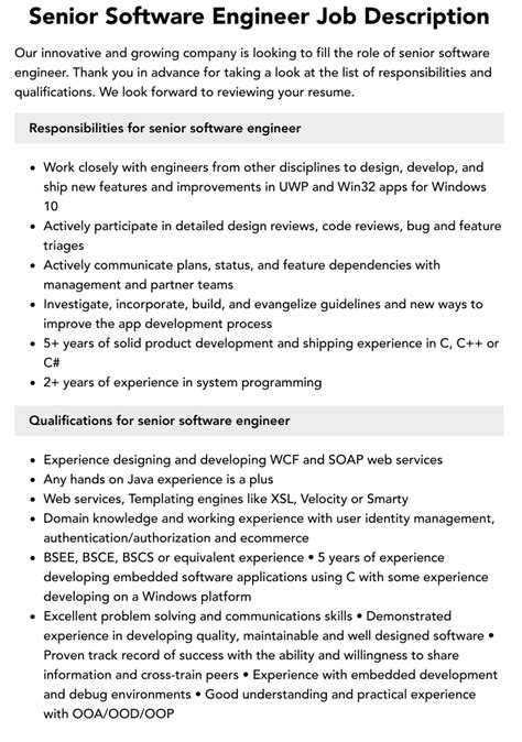 Senior Software Engineer Job Description Velvet Jobs