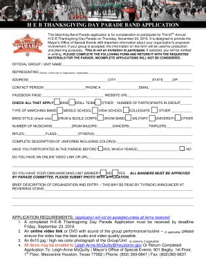 Fillable Online Houstontx Heb Thanksgiving Day Parade Band Application