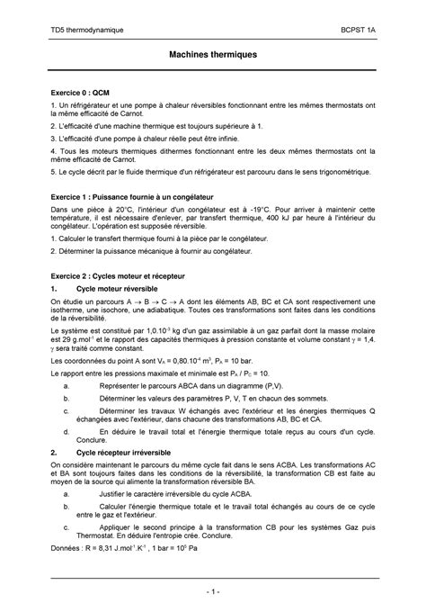 TD5 Machines Thermiques Thermodynamics Lessons And Solutions