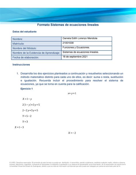 Sistema De Ecuaciones Lineales Formato Sistemas De Ecuaciones