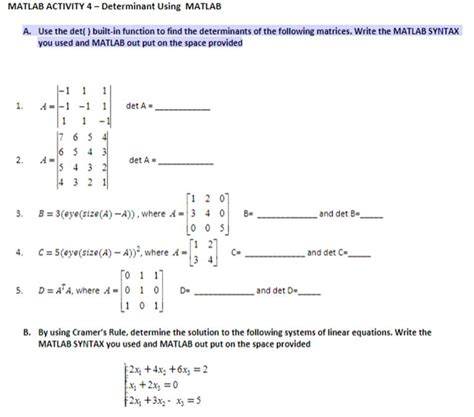 Solved MATLAB ACTIVITY 4 Determinant Using MATLAB A Use The Det