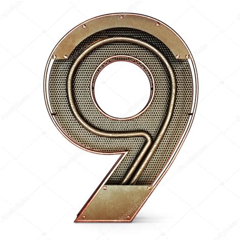 3d número nueve 9 símbolo con metal de oro rústico, malla, tubos con ... 