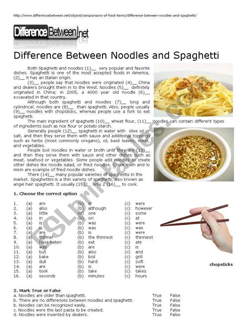 Difference Between Noodles And Spaghetti Esl Worksheet By Cris M