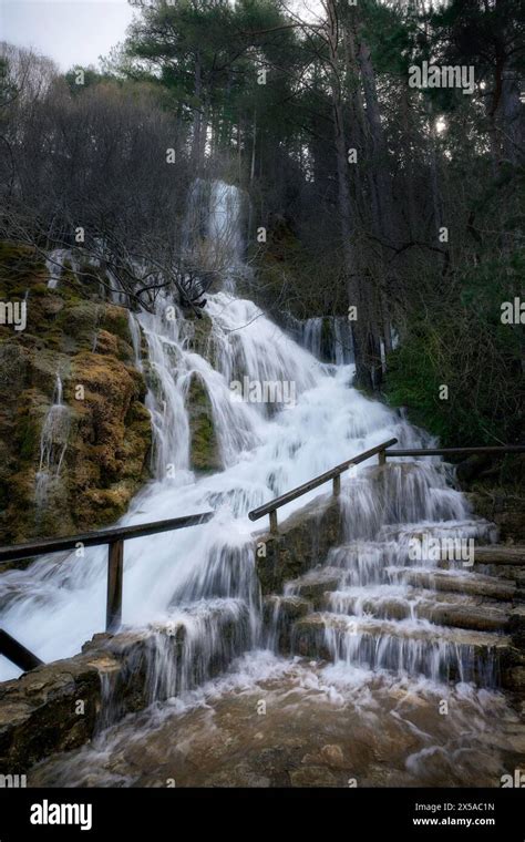 Views of a waterfall at Nacimiento del Río Cuervo Cuenca Spain Stock