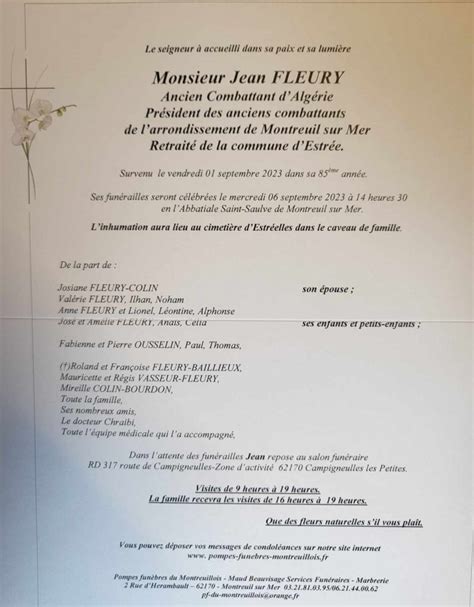 Monsieur Jean FLEURY 1938 2023 Pompes funèbres du Montreuillois