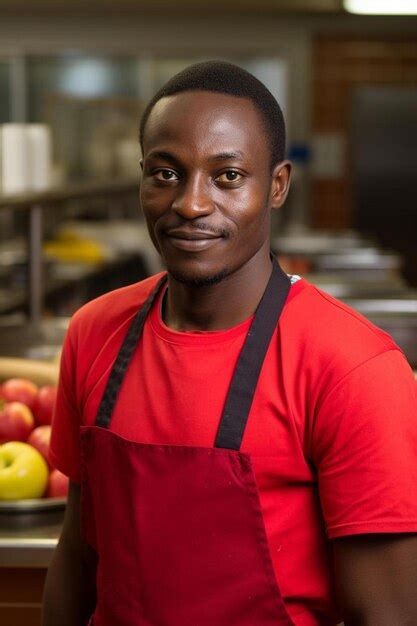 A Man Wearing A Red Shirt With A Black Apron On It Premium Ai