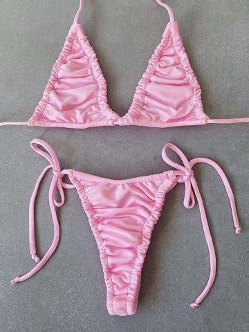 Emmiol Free Shipping Lace Up Ruched Bikini Set Pink S In Bikini Sets Online Store EMMIOL